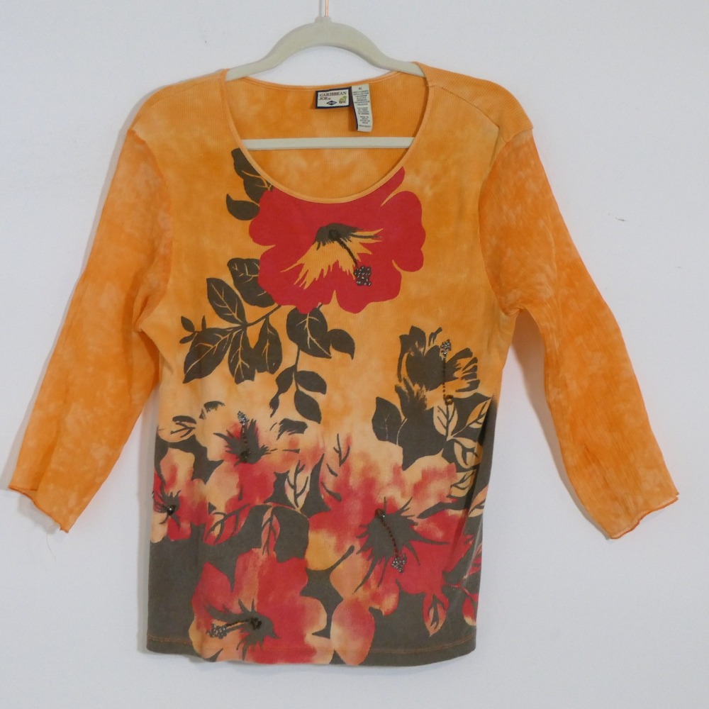 Caribbean Joe Womens Top XL Orange Hibiscus Beaded Tropical Boho Coastal Cruise